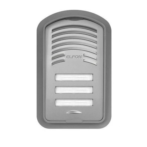 Zdjęcie przedstawia srebrny panel domofonowy z trzema przyciskami i kratką głośnika na górze. Panel ma zaokrąglone krawędzie i jest oznaczony logo "ELFON".
