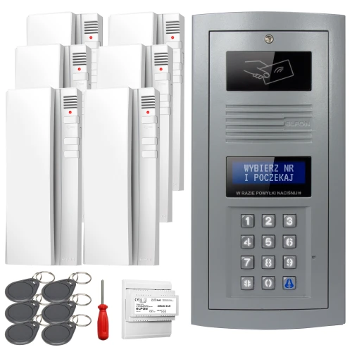 Zestaw domofonowy składa się z cyfrowego panelu z klawiaturą numeryczną i wyświetlaczem, sześciu białych unifonów, pięciu breloków zbliżeniowych, śrubokręta oraz modułu zasilającego. Panel domofonowy ma miejsce na kartę zbliżeniową i wyświetla instrukcję wyboru numeru.