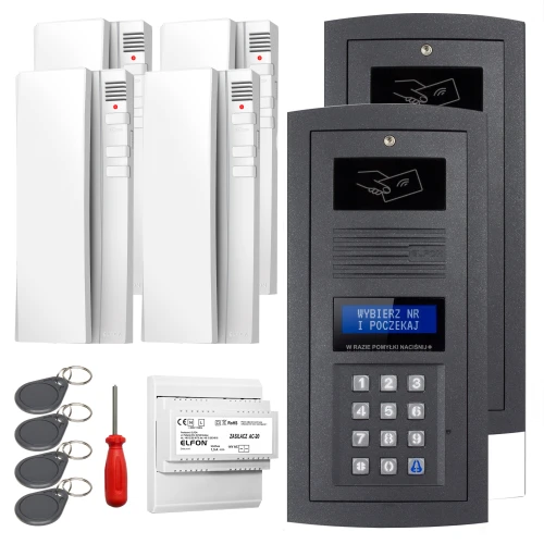 Zestaw domofonowy cyfrowy składający się z panelu z klawiaturą, czterech białych unifonów, czterech breloków zbliżeniowych, śrubokręta i modułu elektronicznego. Panel zewnętrzny posiada wyświetlacz i przyciski numeryczne.