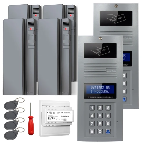 Zestaw domofonowy cyfrowy składający się z kilku paneli z przyciskami numerycznymi, breloków zbliżeniowych, śrubokręta oraz modułu elektronicznego. Panele mają wyświetlacze i klawiatury numeryczne, a całość utrzymana jest w szarej kolorystyce.