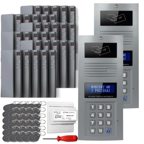 Zestaw domofonowy cyfrowy składający się z panelu z klawiaturą numeryczną, wielu breloków zbliżeniowych, modułu zasilającego oraz śrubokręta. Panel posiada wyświetlacz i miejsce na przyłożenie karty zbliżeniowej.