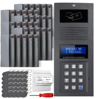 Zestaw domofonowy podtynkowy składający się z panelu z klawiaturą numeryczną, breloków zbliżeniowych, modułu elektronicznego oraz śrubokręta. Panel posiada wyświetlacz i ikonę zbliżeniową, a breloki są w kolorze szarym.