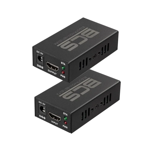 Na zdjęciu znajdują się dwa czarne konwertery BCS z portami HDMI i zasilania, ułożone jeden nad drugim. Oba urządzenia mają oznaczenia wejścia i wyjścia oraz diody sygnalizacyjne.