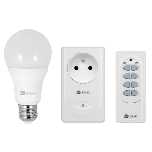 Zestaw składa się z żarówki LED, gniazda elektrycznego oraz pilota zdalnego sterowania, wszystkie w kolorze białym. Produkty mają elegancki, nowoczesny design z logo "EL HOME" na każdym elemencie.