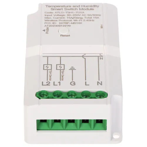 Moduł inteligentnego przełącznika temperatury i wilgotności z białą obudową i zielonymi złączami. Na obudowie znajdują się oznaczenia techniczne oraz przycisk reset.